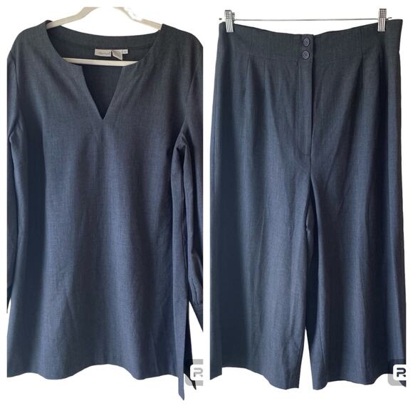 VTG Spiegel 2 Piece Tunic Top & Wide Leg Cropped Pants Gray 2 Way Stretch Sz 18 - Picture 1 of 15